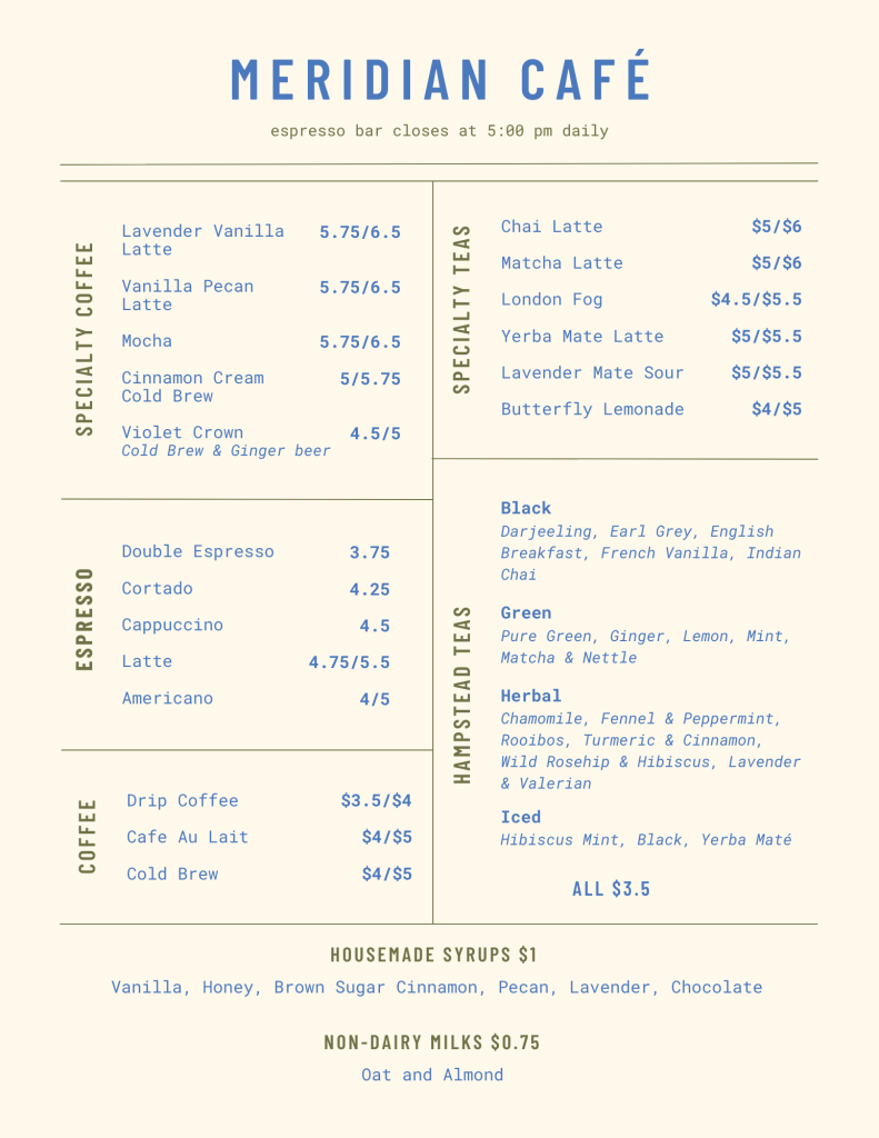 Meridian Cafe Menu